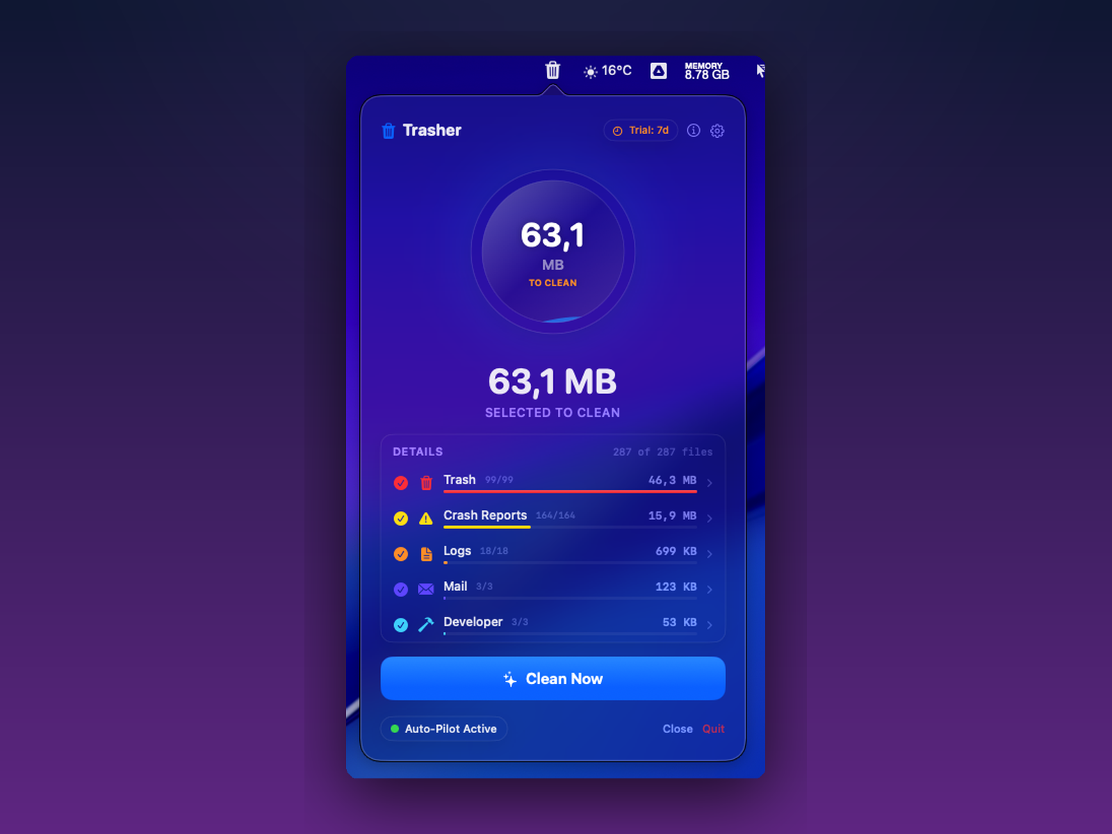 Trasher scan results — 63.1 MB selected to clean across 9 categories