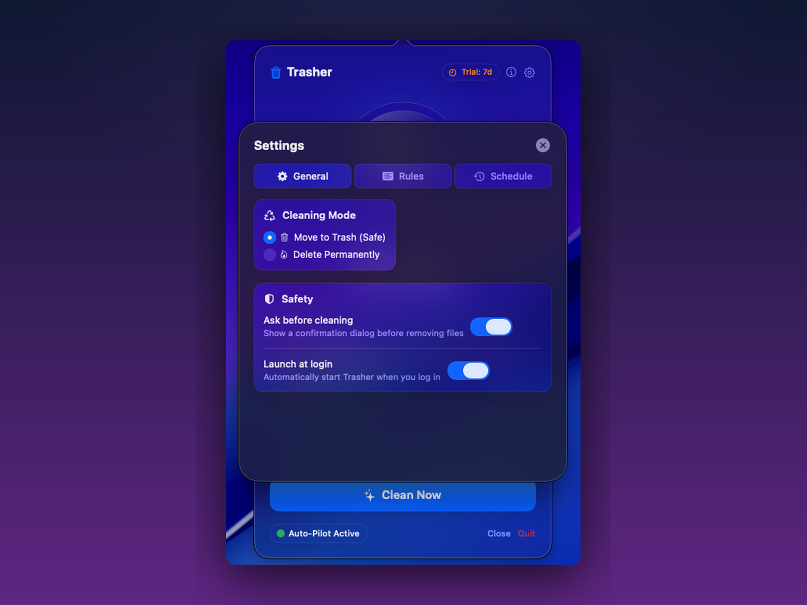Trasher settings — cleaning mode, safety toggles and login item
